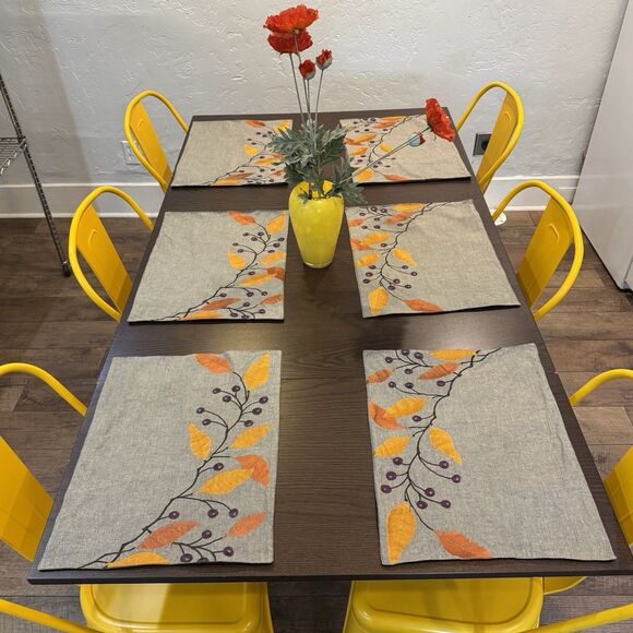 6 Crate & Barrel Rona Amber Cotton Placemats  Orange Purple Embroidered Fall - Picture 1 of 7